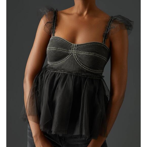 NWT Anthropologie Pilcro Sheer Tulle Babydoll Blouse Top Black Denim Corset XS - Picture 1 of 16